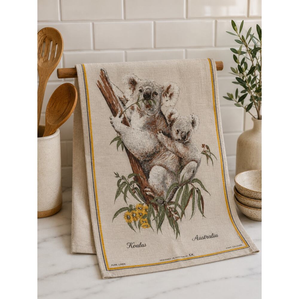 Vintage Australia Koala Linen Tea Towel Souvenir Kitchen Towel Wall Hanging